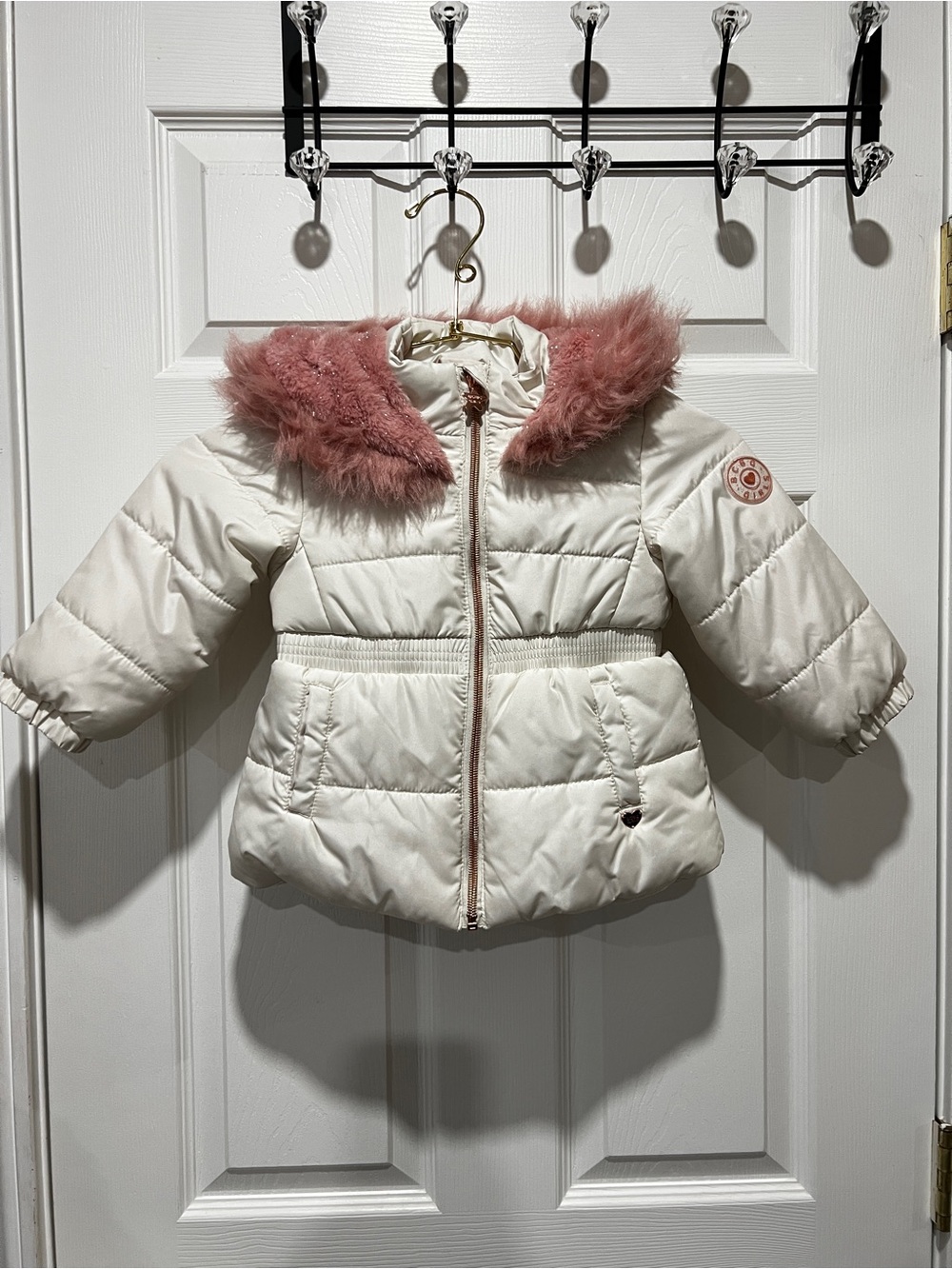 BCBG Girls Puffer Jacket Fleece Lined Faux Fur Hooded Size 24Months Off White